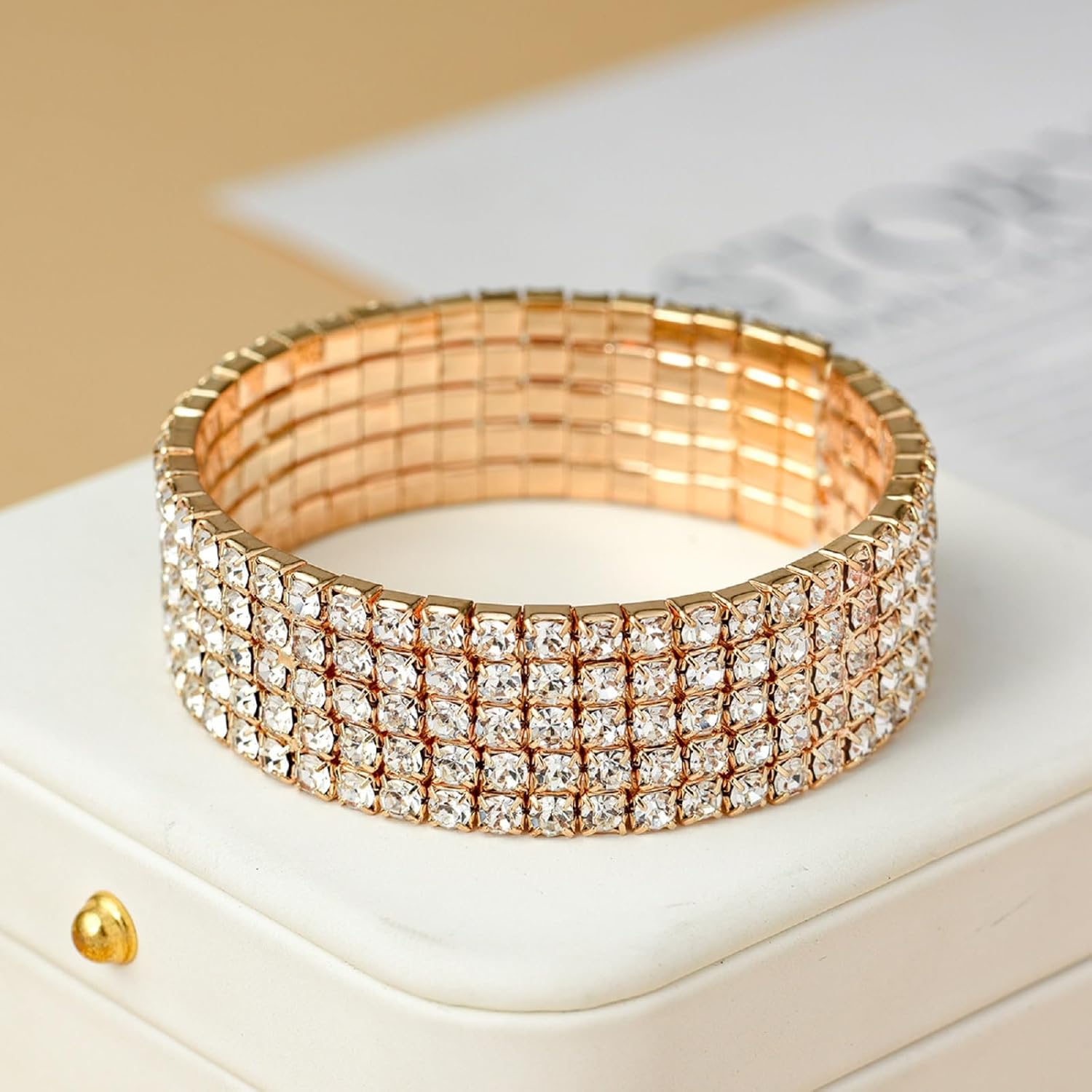 Gold Rhinestone Bracelet for Women;5-layer Sparkle Crystal Stretch Gold Tennis Bracelets for women;Gold Plated Rhinestone Stretch Bracelets Bridal Jewelry for Prom Party Wedding Dating - Image 5