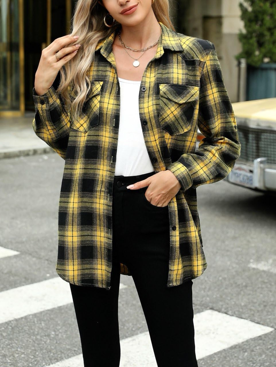 HOTOUCH Flannel Tunic Shirt for Women Long Sleeve Button Down Buffalo Plaid Shirt Jacket Shacket Black and Yellow S - Image 4