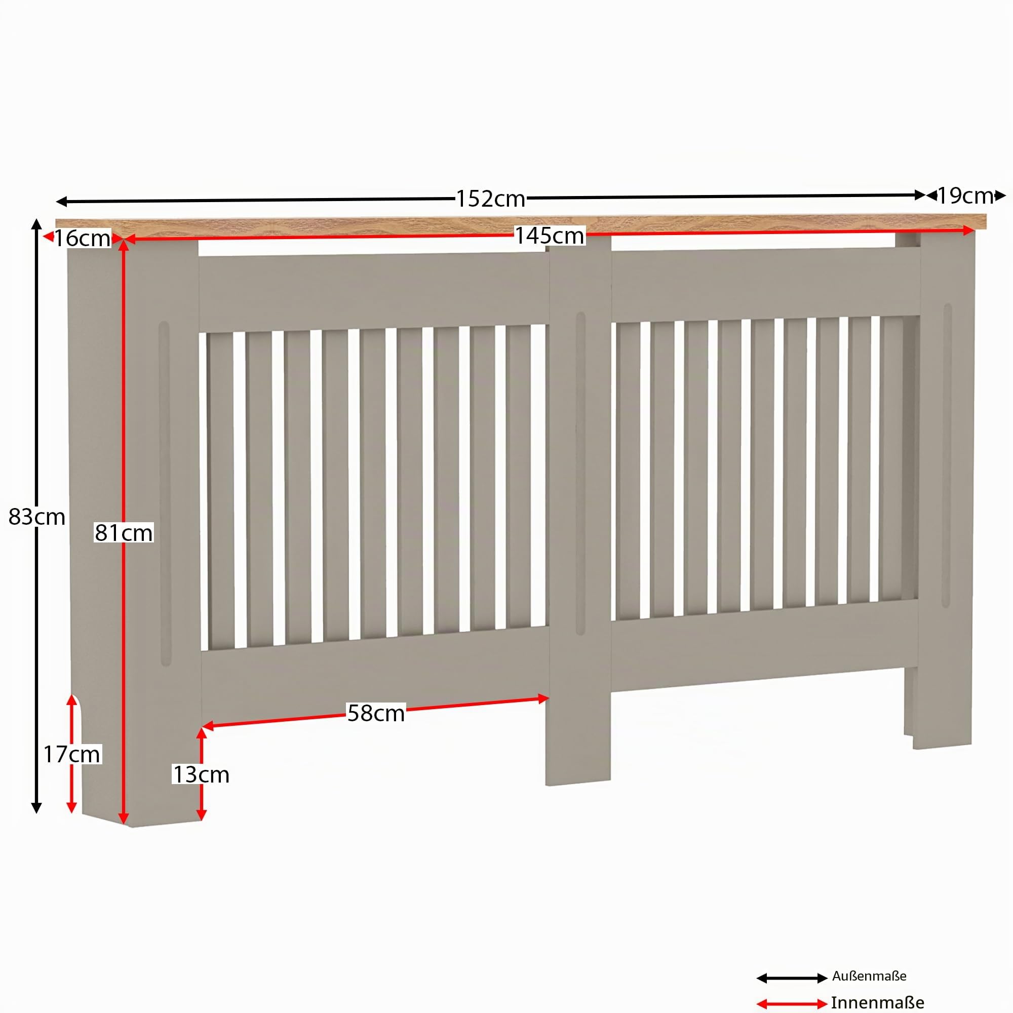 Vida Designs Arlington Heizkörperabdeckung Olive Grey - Groß - Modern Shaker Style Vertical Slat Design for Optimal Heat Circulation - H83.3xW152xD19cm - Lackiertes MDF-Möbel with Wood Top Shelf