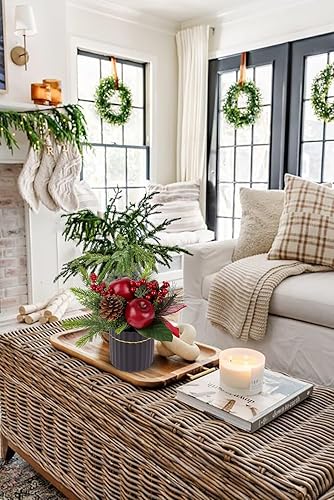 Miniatura 4 de Mini árbol de Navidad, árbol de Navidad artificial en maceta con manzanas, conos de pino, bayas, cinta, mesa, pequeños arreglos florales de Navidad