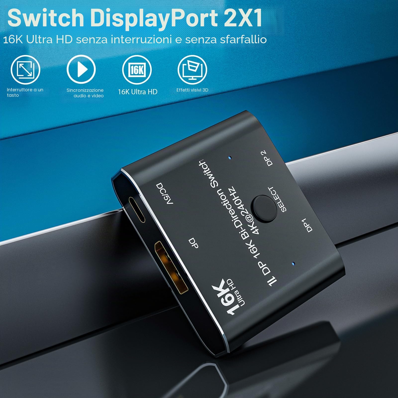 DisplayPort 2.1 8K 10K 16K DP Switch Bi-Direction 8K@120Hz 4K@240Hz Splitter Video Converter per più sorgenti e display