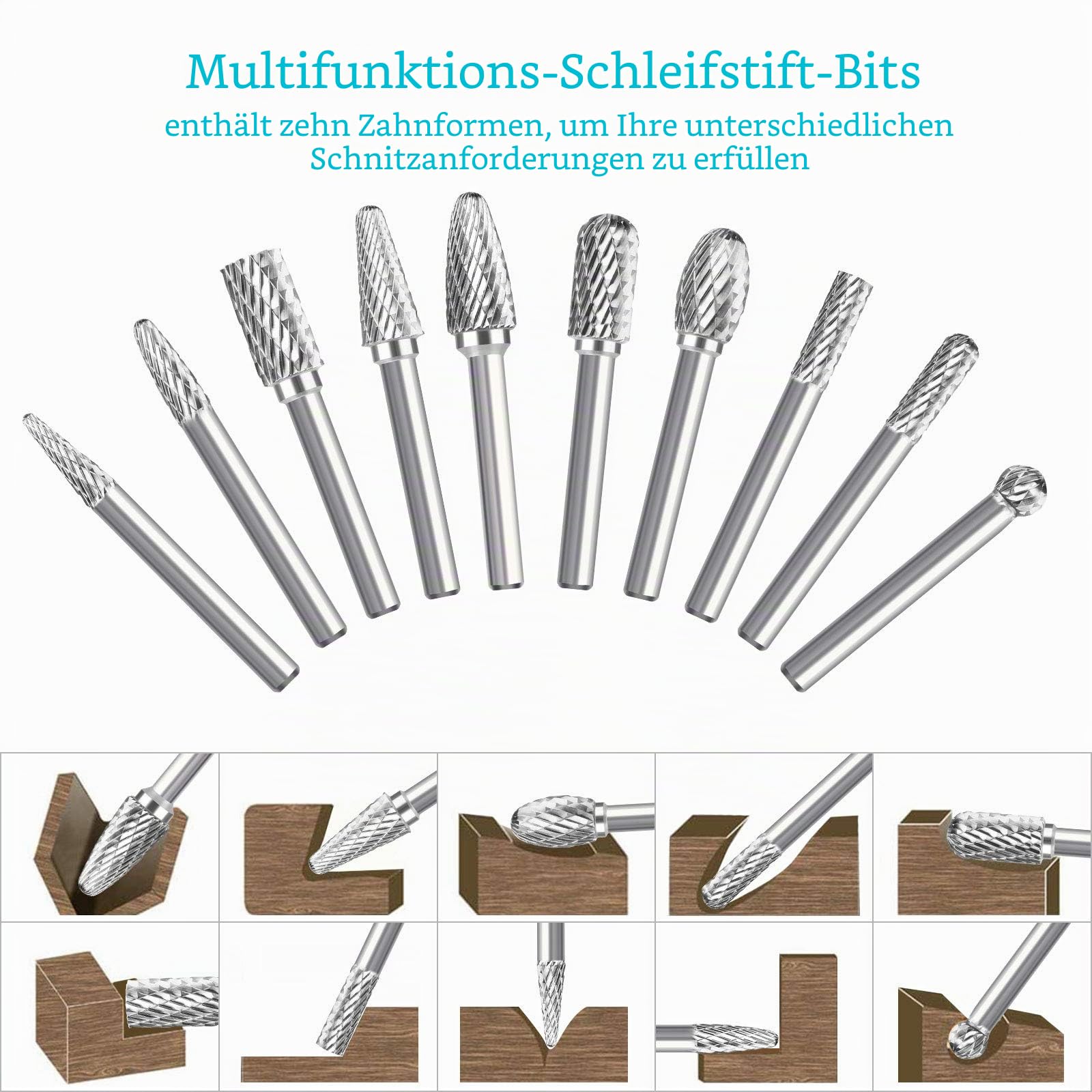 Linkstyle 10 Stück Wolframcarbid Fräser Bit Set, Hartmetall Rotary Schaftfräser Raspel Set mit 6mm Schaft für Schleifen Schnitzen Polieren