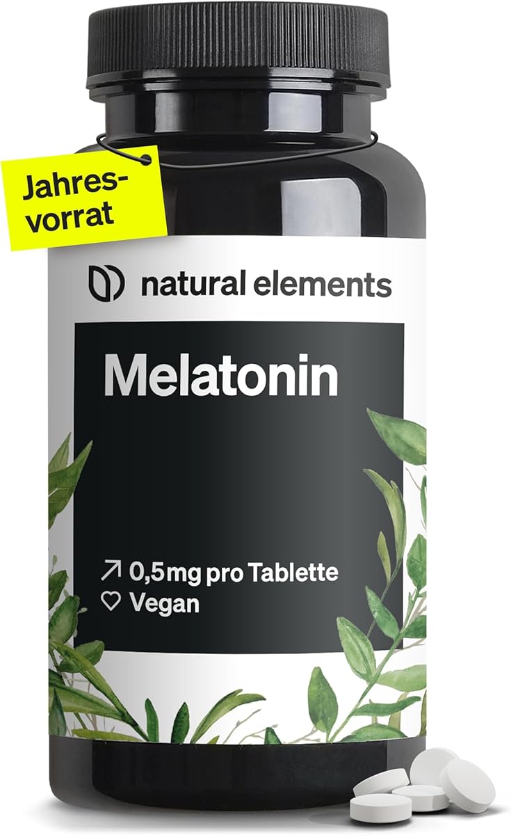 natural elements Melatonin – 365 Tabletten – 0,5mg Melatonin pro Tablette – hochdosiert – Ohne unerwünschte Zusätze – Laborgeprüft – Alternative zu Einschlafspray - 100% vegan
