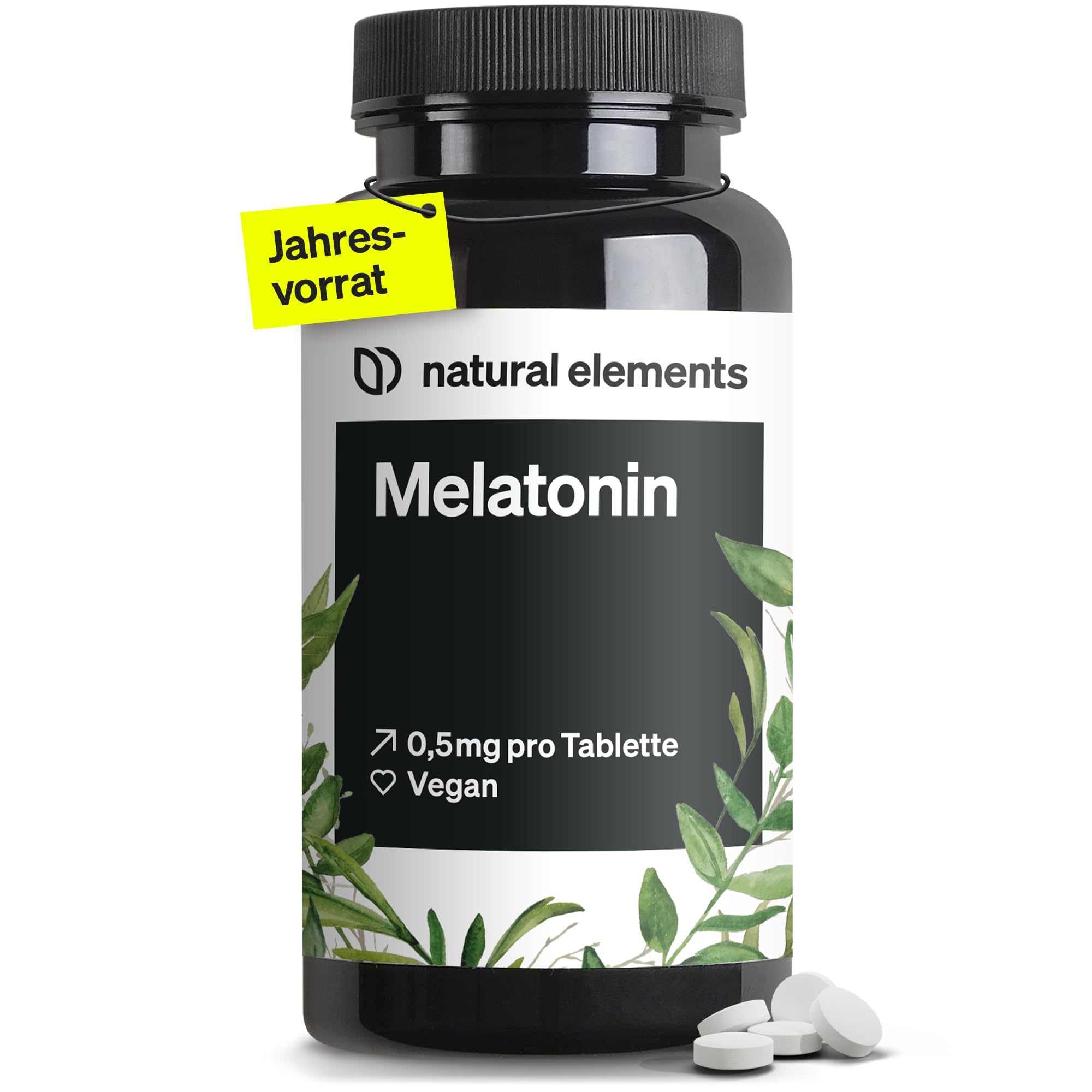 natural elements Melatonin – 365 Tabletten – 0,5mg Melatonin pro Tablette – hochdosiert – Ohne unerwünschte Zusätze – Laborgeprüft – Alternative zu Einschlafspray - 100% vegan
