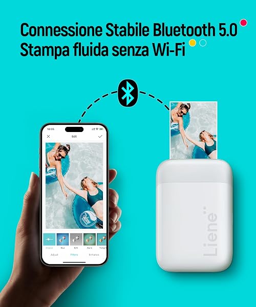 Liene Pearl K100 Stampante Fotografica, 2x3'' Mini Stampante Fotografica Istantanea con 50 Zink Carta Fotografica Adesive, Bluetooth 5.0, Compatibile con iOS&Android, Stampante Portatile - 2