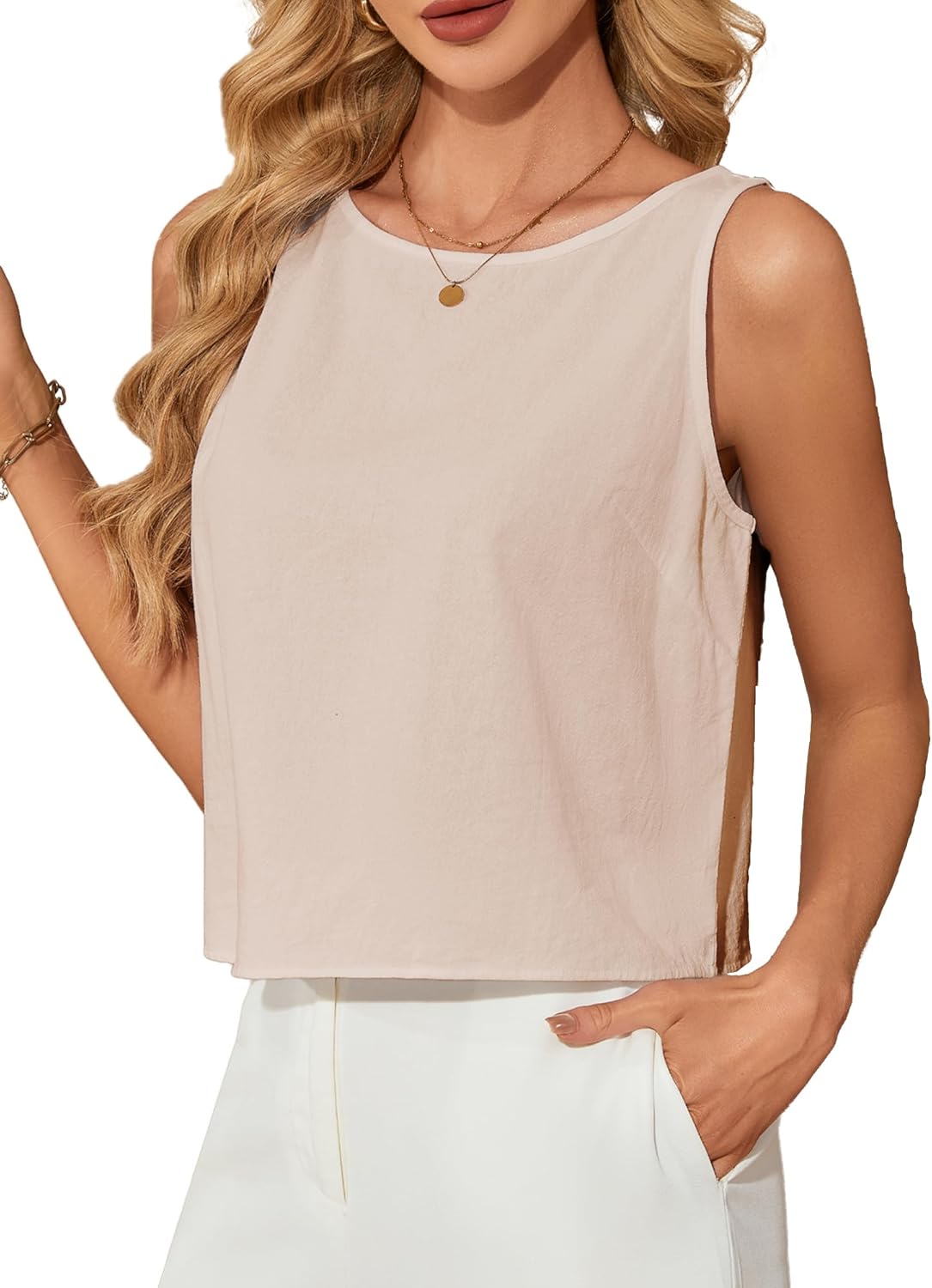 AXUIOKRY Womens Cotton Linen Cropped Tank Tops Sleeveless Loose Fit Blouses Basic Shirt