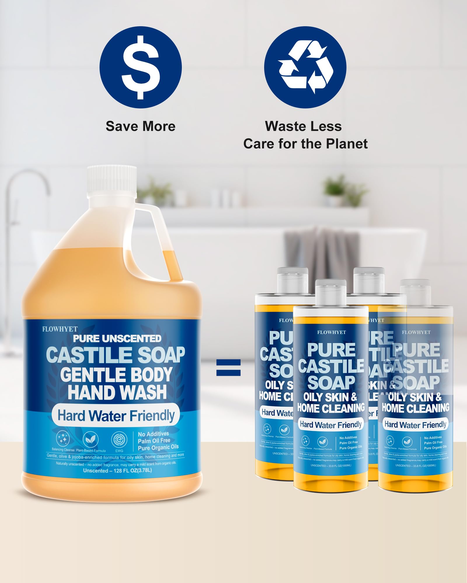 FLOWHYET EWG Verified Pure Castile Soap Liquid, Unscented, 1 Gallon