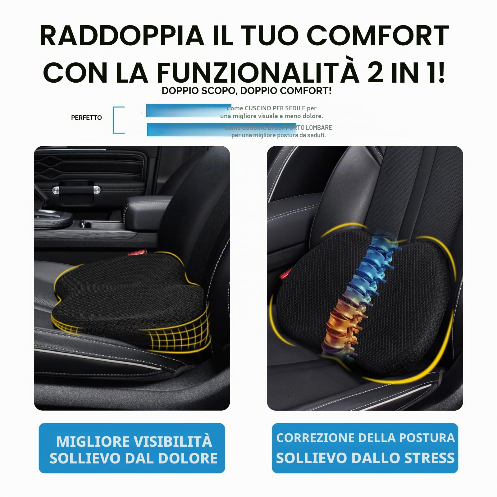 kingphenix Cuscino cuneo per sedile auto: cuscino in memory foam per sedile auto, per alleviare la sciatica e il mal di schiena, migliora il comfort di guida, nero