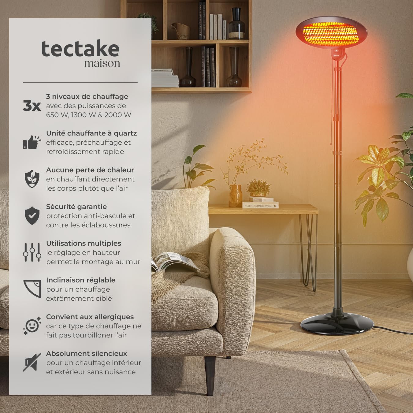 tectake® Chauffage Electrique Infrarouge Silencieux Chauffage exterieur terrasse réglable économique 650W, 1300W & 2000W Chauffages d'appoint pour Jardin, Balcon, Chambre, Salon, Table à langer