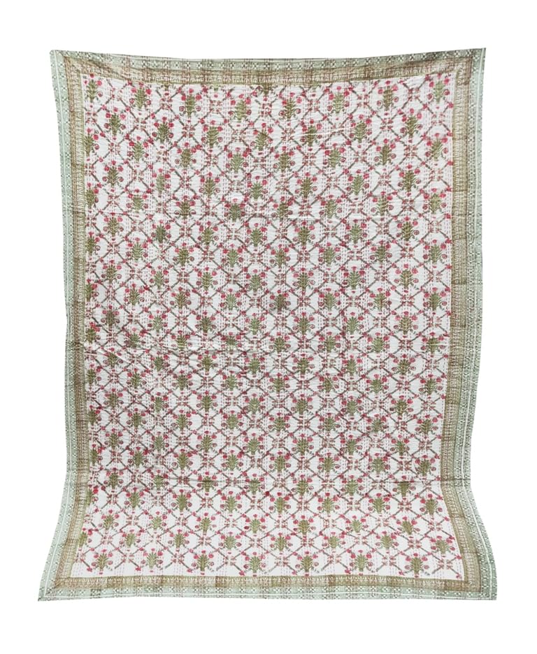 YUVANCRAFTS Indian Handmade Cotton Kantha Quilt - Twin Size 90x60 Inches, Ikat Print, Green, Traditional - View #4