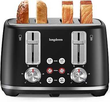 4 Slice Toaster, 1.5" Extra Wide Stainless Steel Slots, High Lift Lever, Dual Controls, Removable Crumb Tray, 6 Shade Settings, Bagel & Frozen, Black
