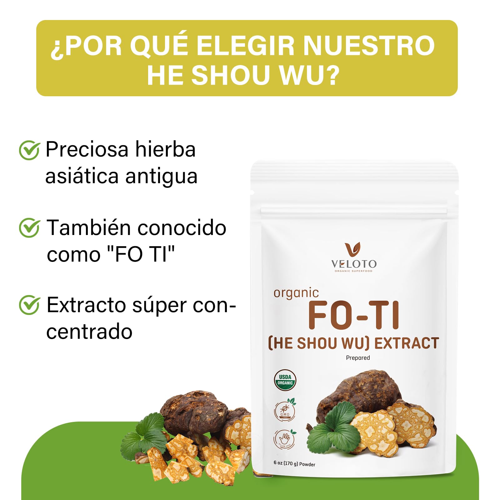 Poudre Organique de He Shou Wu, Extraits de Fo Ti, Herbe Tonique Riche en Nutriments et Antioxydants, Complément pour Soutenir l'Énergie, l'Humeur et le Système Immunitaire, Non-OGM, 170g