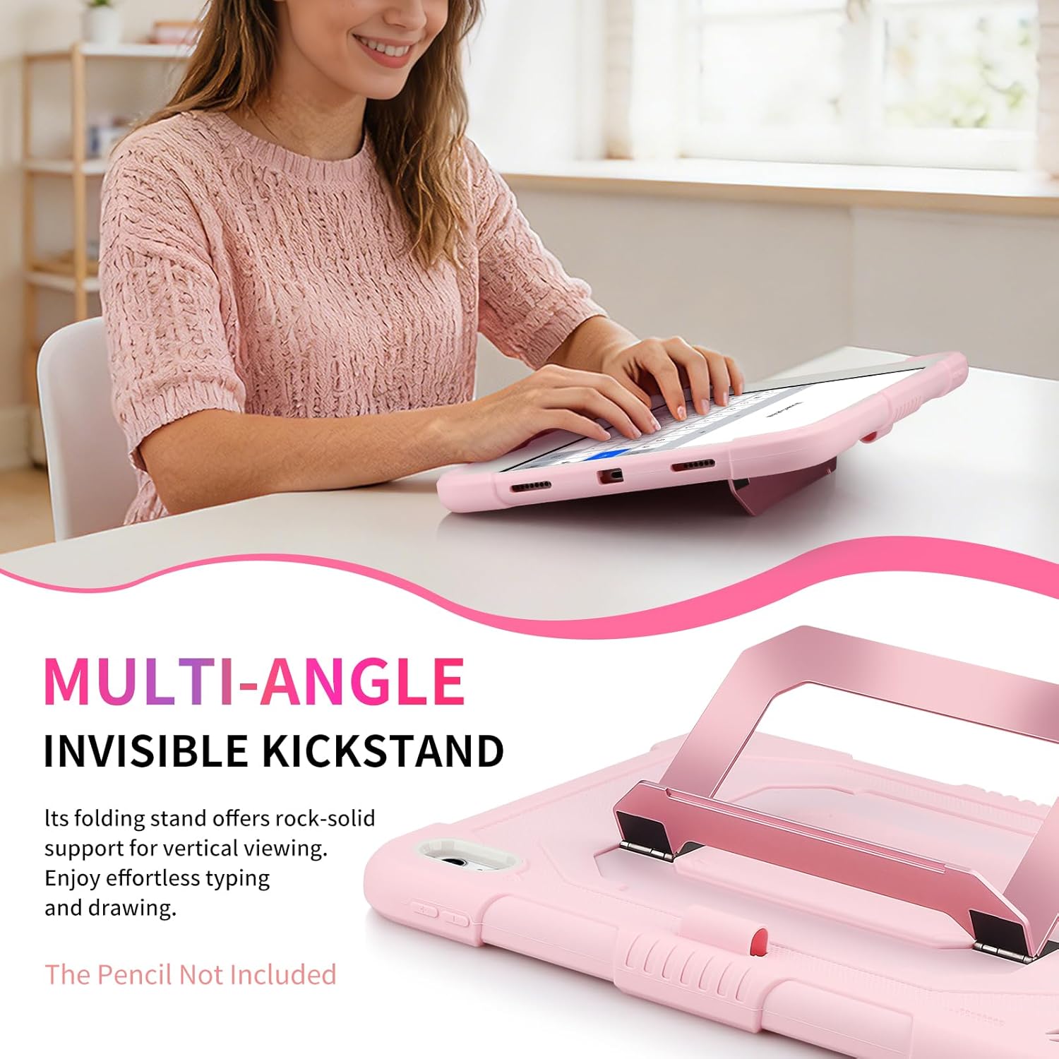 WESADN for iPad A16 Case 11th Generation 11 Inch 2025, for iPad 10th Generation Case 10.9 Inch 2022 Kids Girls with Multi-Angle Foldable Metal Stand Pencil Holder Heavy Duty Hard Tablet Cover, Pink