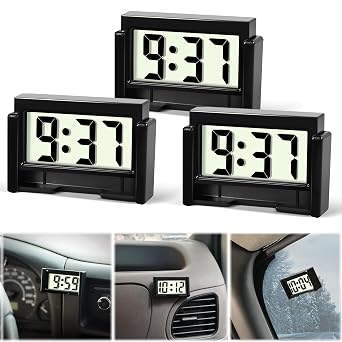 Betus Car Dashboard Digital Clock - Vehicle Adhesive Clock with Jumbo LCD Time & Day Display - Mini Automotive Stick On Watch for Car Truck Dashboard & Air Vent Black Pack of 3