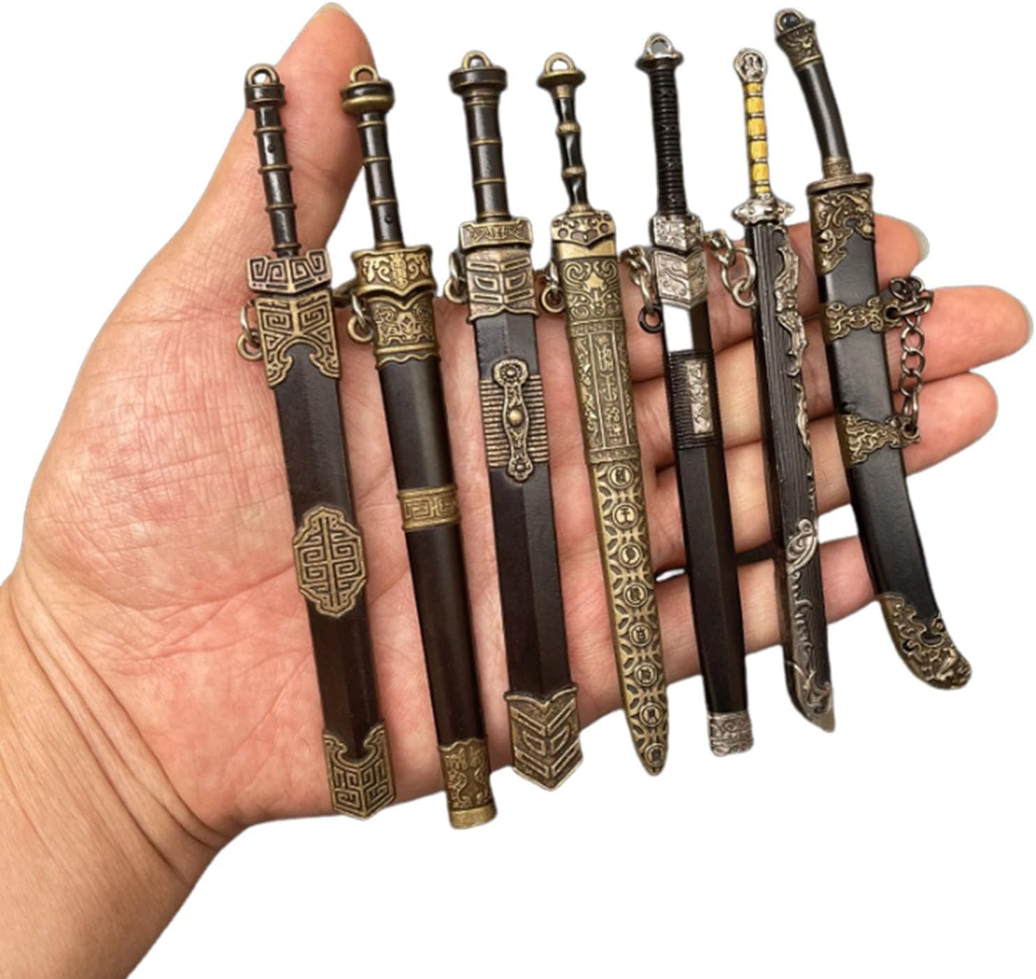 7PCS Ancient Sword Model Keychain Accessory Set,12cm Small Weapon Sword with Scabbard and Keychain Ornament for Home Office Decor, Black