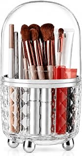 FAVORTALK Makeup Storage, 360 Rotating Makeup Brush Holder, Makeup Organizer, Transparent Dust-Proof Makeup Brush with Lid for Vanity Table, Bathroom (Silver)
