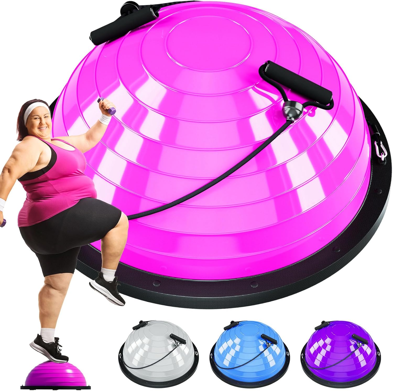 Half Balance Ball Trainer with Resistance Bands for Exercise, Core Strengthening, Workouts, Home Gym, Physical Therapy, Fitness, Balance Training Equipment with Non-Slip Base, Pink