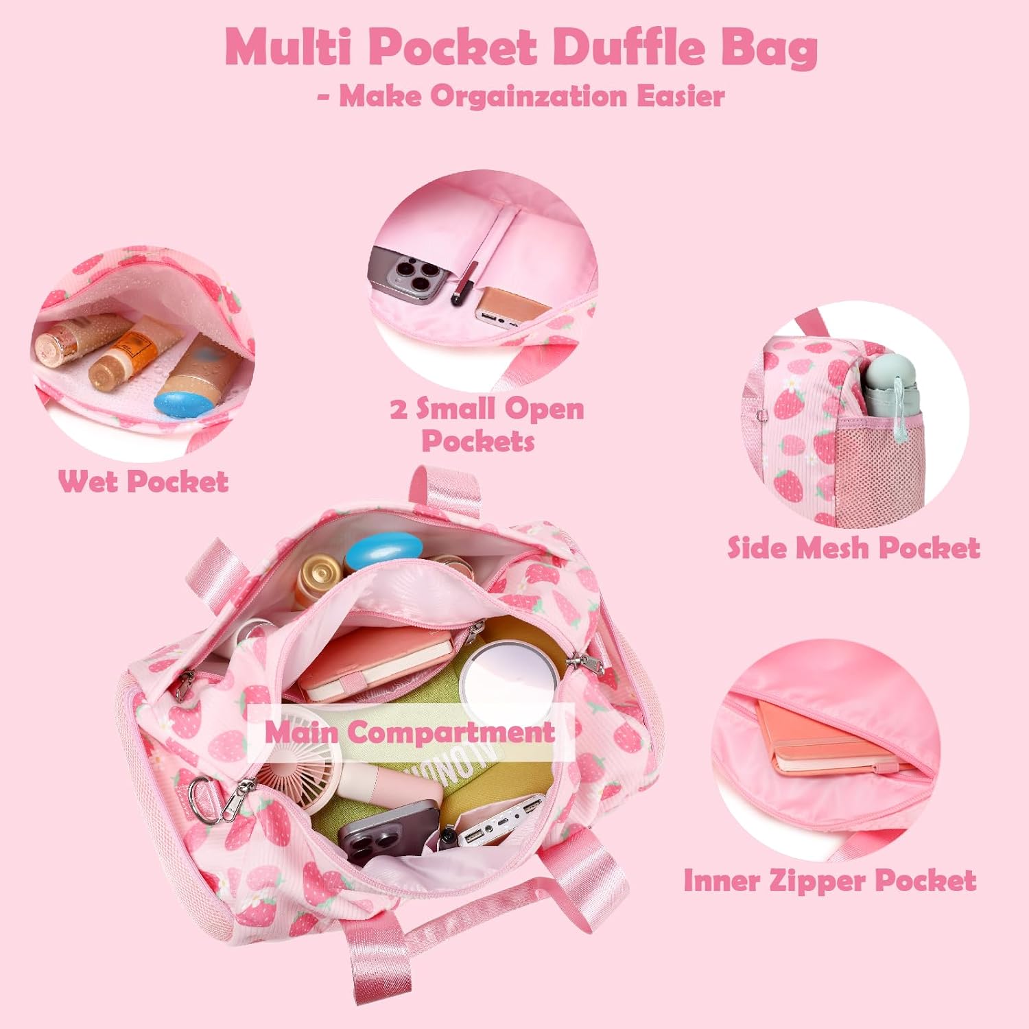Ballet Bag for Girls, Strawberry Dance Bag with Plush Pendant Small Dance Bag Gymnastics Sport Bag Overnight Travel Sleepover Bags with Wet and Dry for Toddler Girls Age 4-6 - Image 4