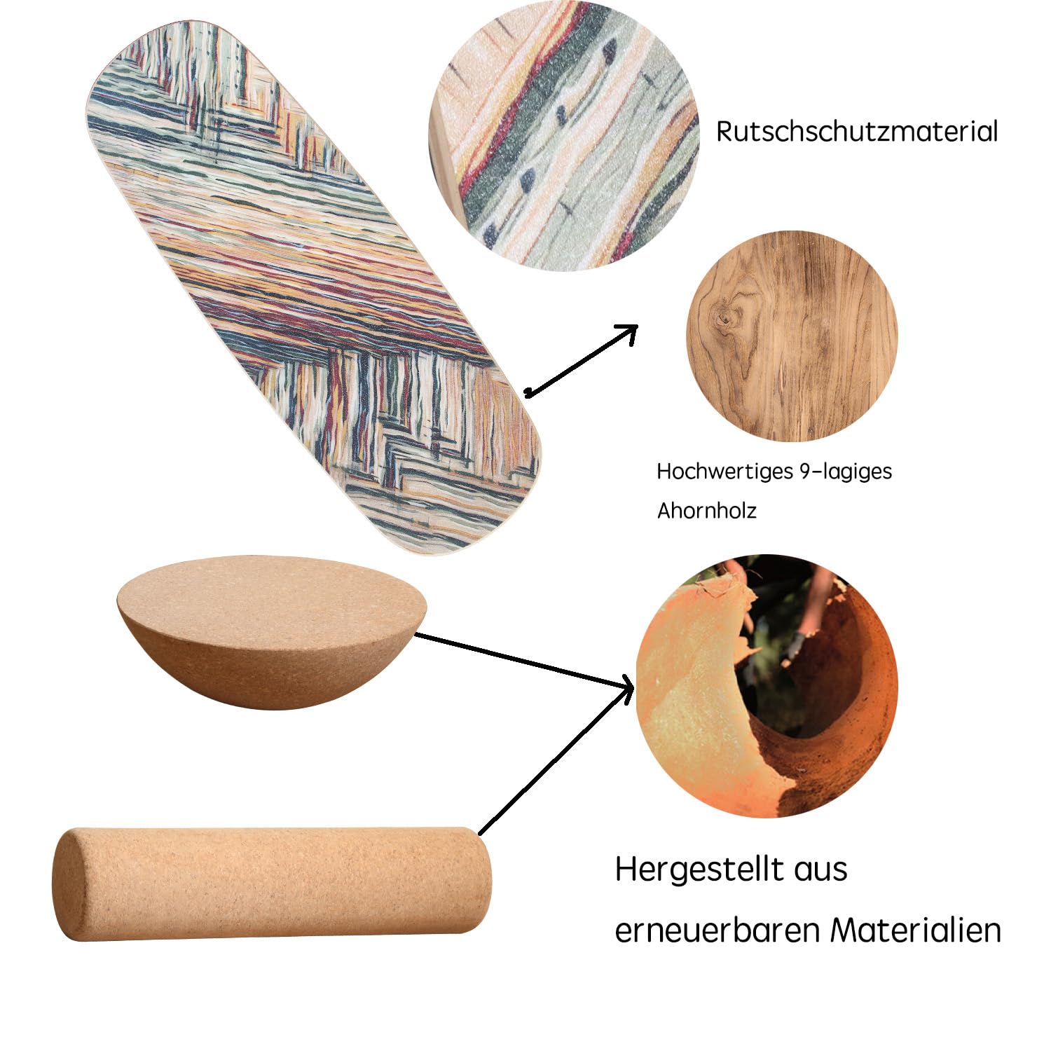 Holz Balance Board mit Rolle & Halbkugel - Balancierbrett für Gleichgewichtstraining - Erwachsene - Inkl. Anleitung - Verbessert Koordination & Muskelkraft