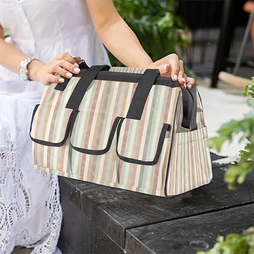 Miniatura 8 de Retro Stripe Pastel Wide Mouth Tool Bags for Men and Women 14 Pockets Tool Tote Bag Pouch Heavy Duty Tool Organizer Bag with Adjustable Strape for