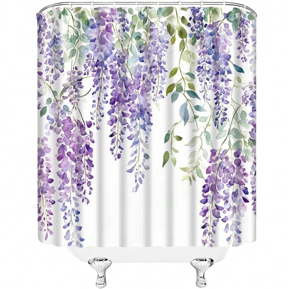 GLKSDLPO Purple Floral Shower Curtain Spring Weeping Wisteria Blossom Vine Watercolor Garden Scenery Fabric Bathroom Decor Set(183x183cm/72x72in(WxH)