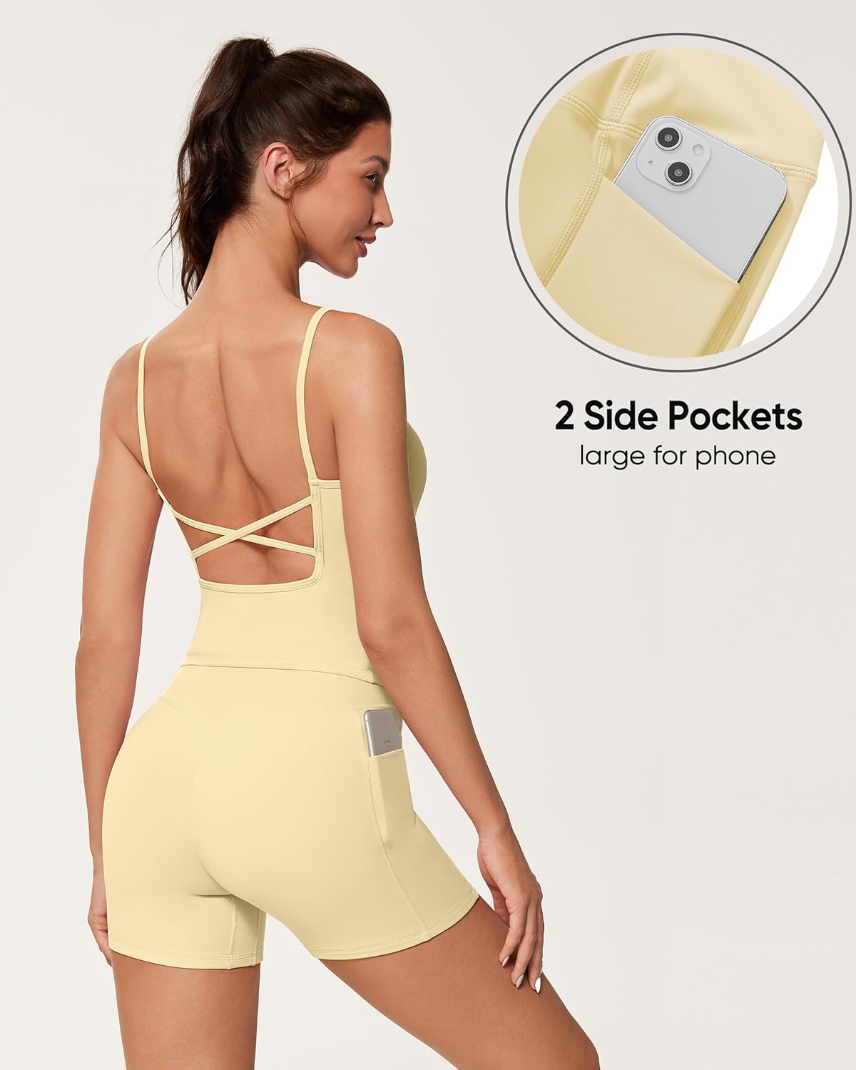 OMKAGI Workout Sets for Women Open Back Strappy Workout Tank Gym Shorts Outfits with Pockets - Image 4