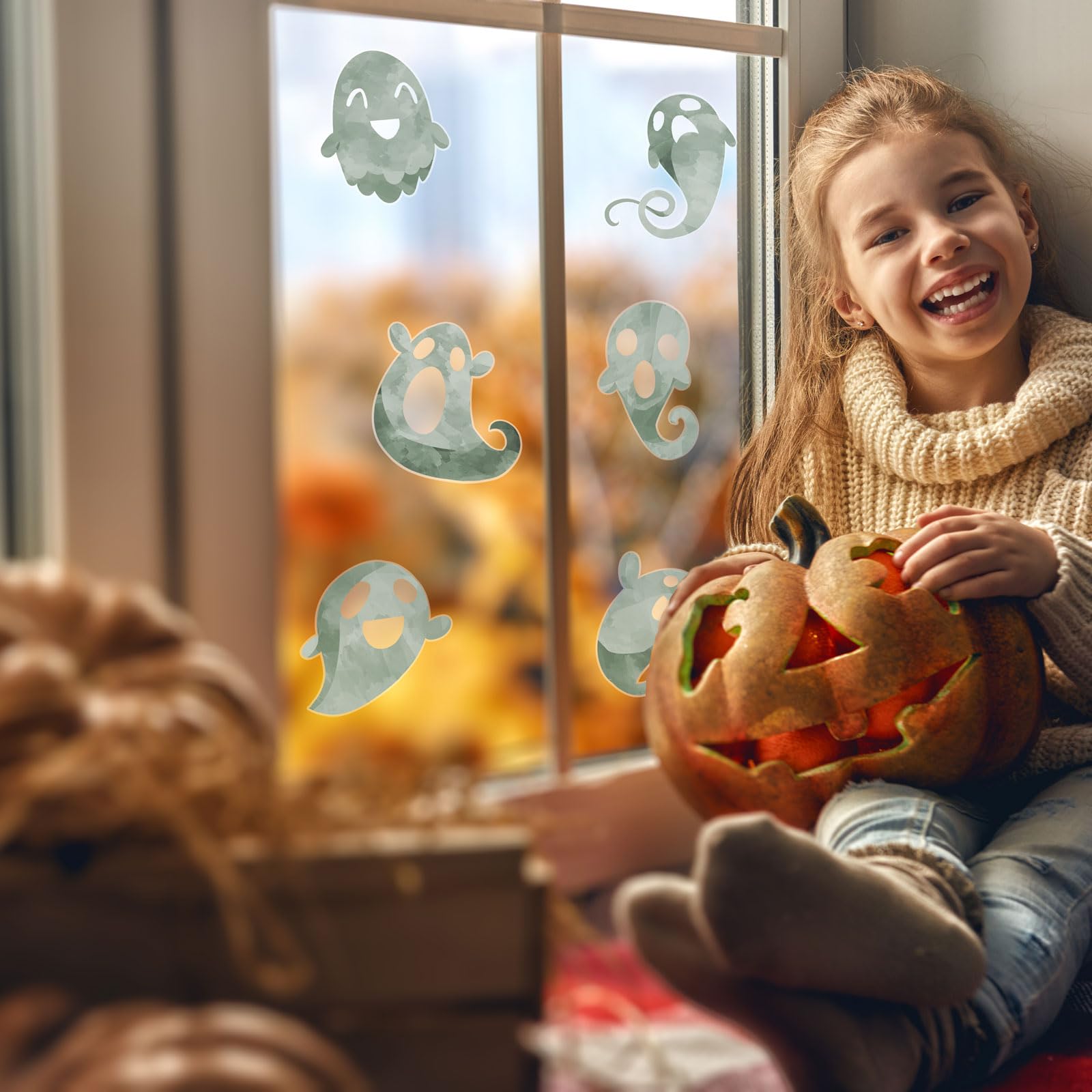 Stickerscape Halloween window stickers (Grey ghosts - 1 sheet) | Halloween window decorations | Reusable and cleanly removable | Made in the UK