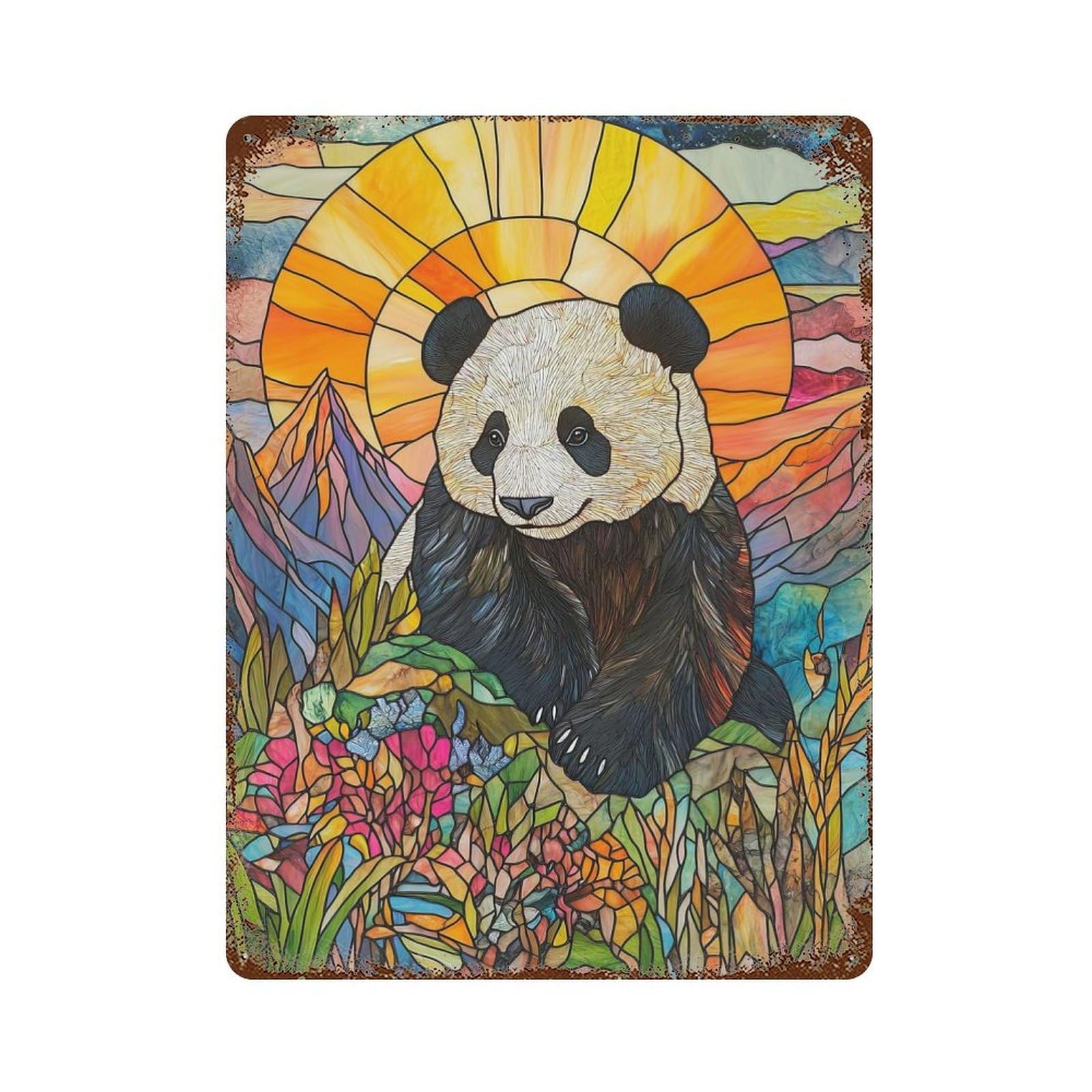 Panda in Mountain Sunset 15.7"x11.8" Rusty Metal Tin Sign, Novelty Wall Decor for Cafe, Home Bar And Lounge Decor