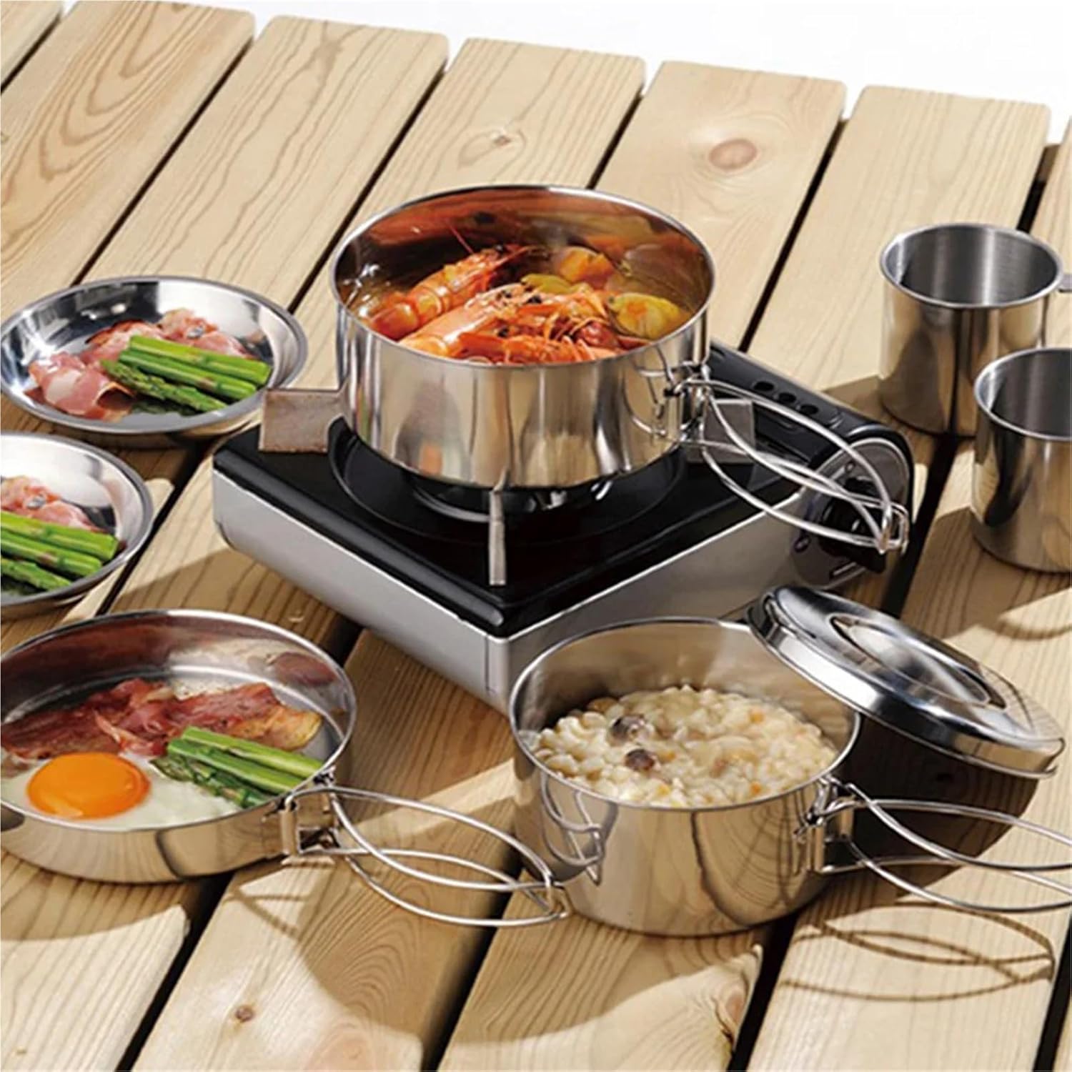 8Pcs Camping Cookware Set – Pot Pan Water Cup Mess Kit for Hiking Picnic Tourist Dishes