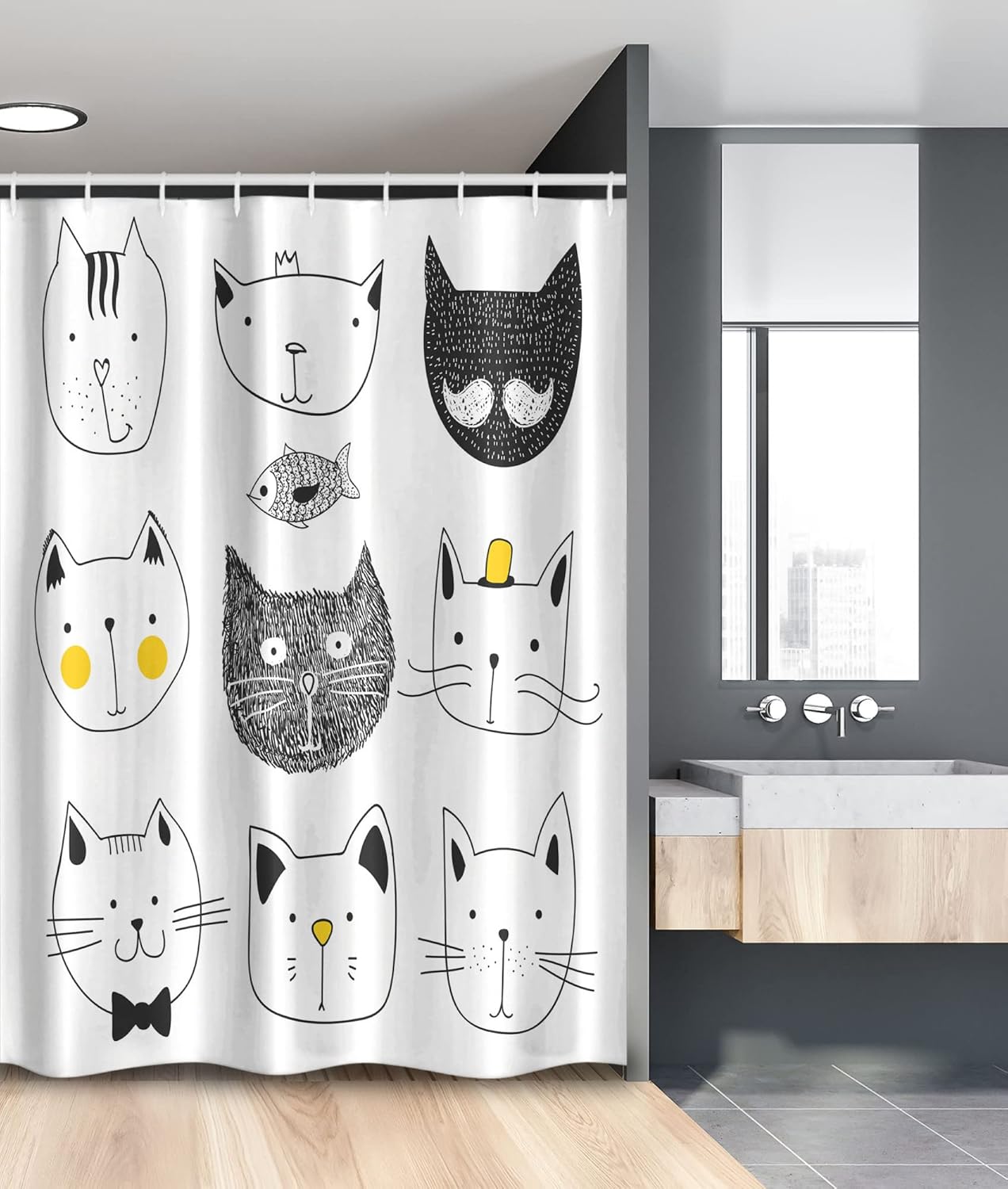 Ambesonne Cat Stall Shower Curtain, Cats with Moustache Bow Tie Hat Crown Fluffy and Fish Humor Faces Graphic, Fabric Bathroom Decor Set with Hooks, 54" W x 78" L, Yellow Grey