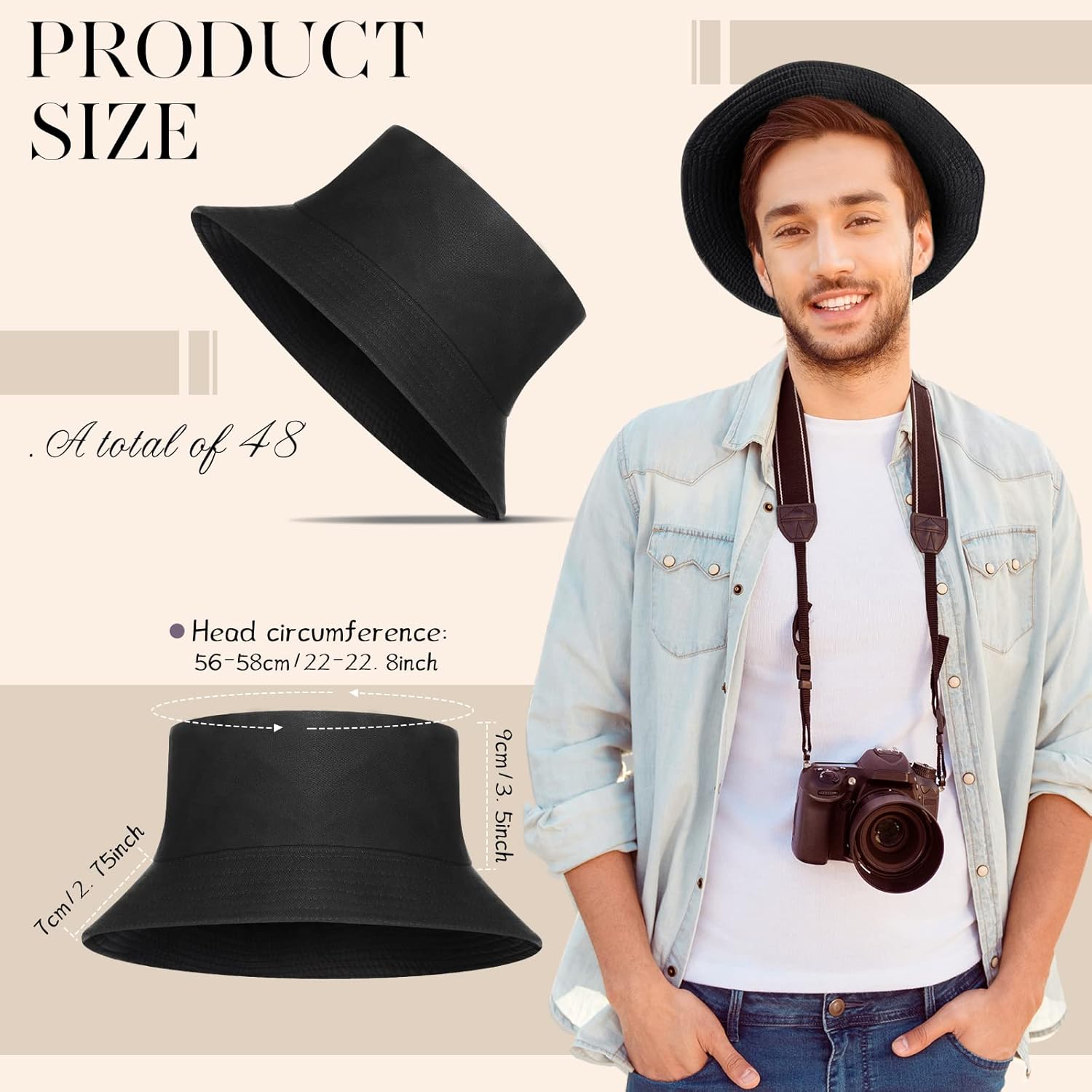 48 Pcs Black Bucket Hats Unisex Cotton Black Hats Bulk Wide Brim Sun Bucket Hat Fisherman Cap for Summer Men Women Outdoor Travel Beach