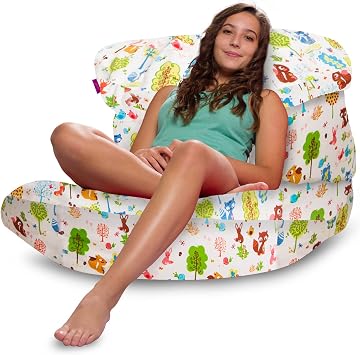 Posh Creations Structured Comfy Bean Bag Chair for Gaming, Reading, and Watching TV, Laguna Lounger, Canvas - Forest Critters on White