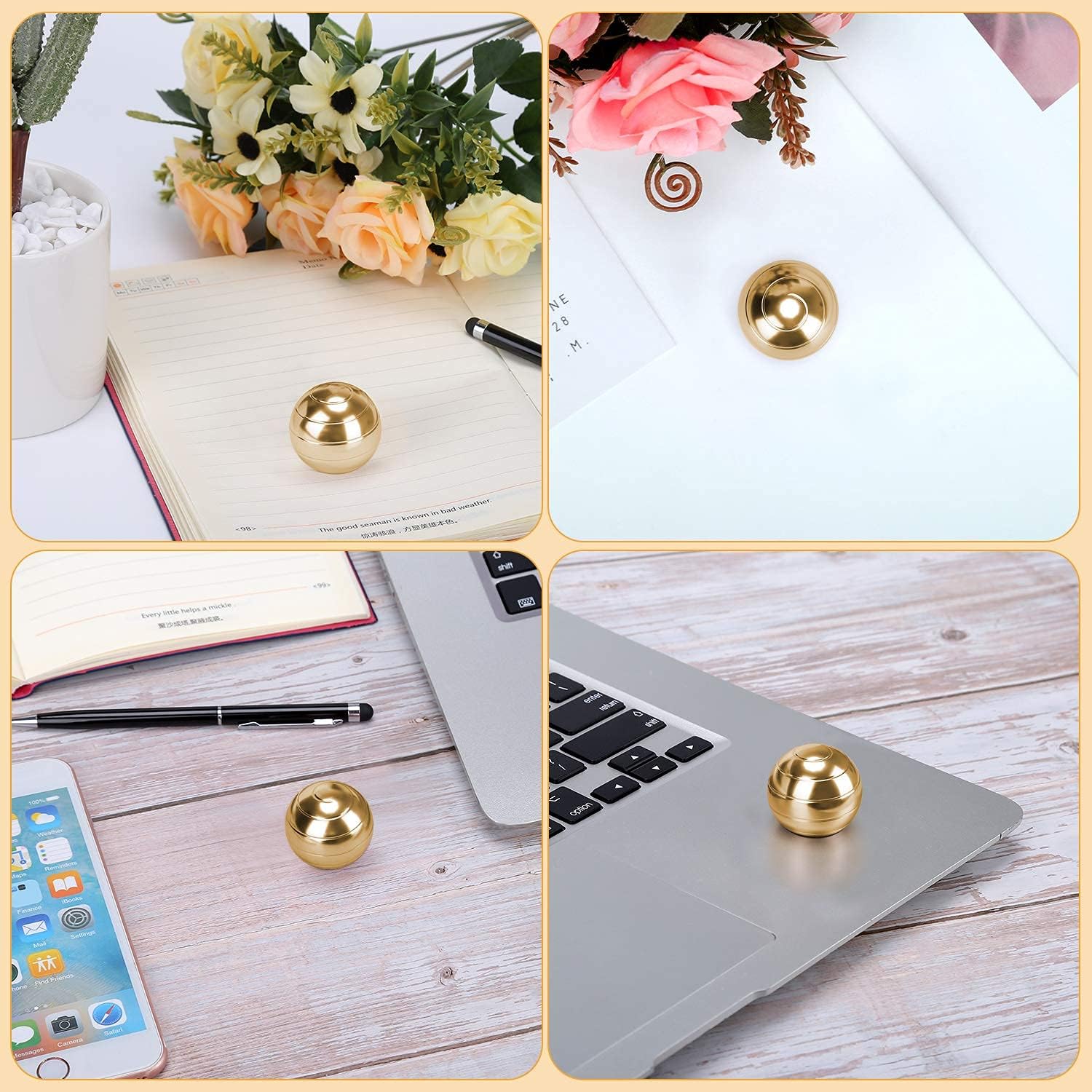 CaLeQi Kinetic Desk Toys, Optical Illusion Rotating Ball Office Stress Toys Metal Top Ball Gift for Men Women Adults and Kids (Golden, Diameter:38mm)