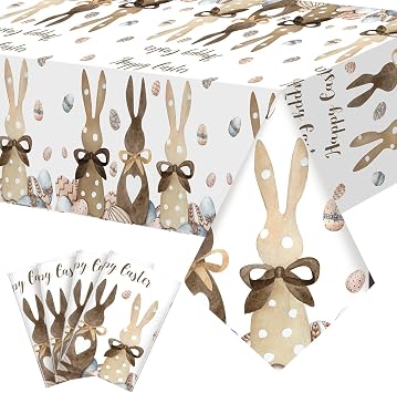 Newwiee 4 Pcs Easter Tablecloth 54 x 108 Inch Rectangle Bunny Eggs Easter Decorations Spring Rabbit Waterproof Table Cover for Party Picnic Dinner Decor