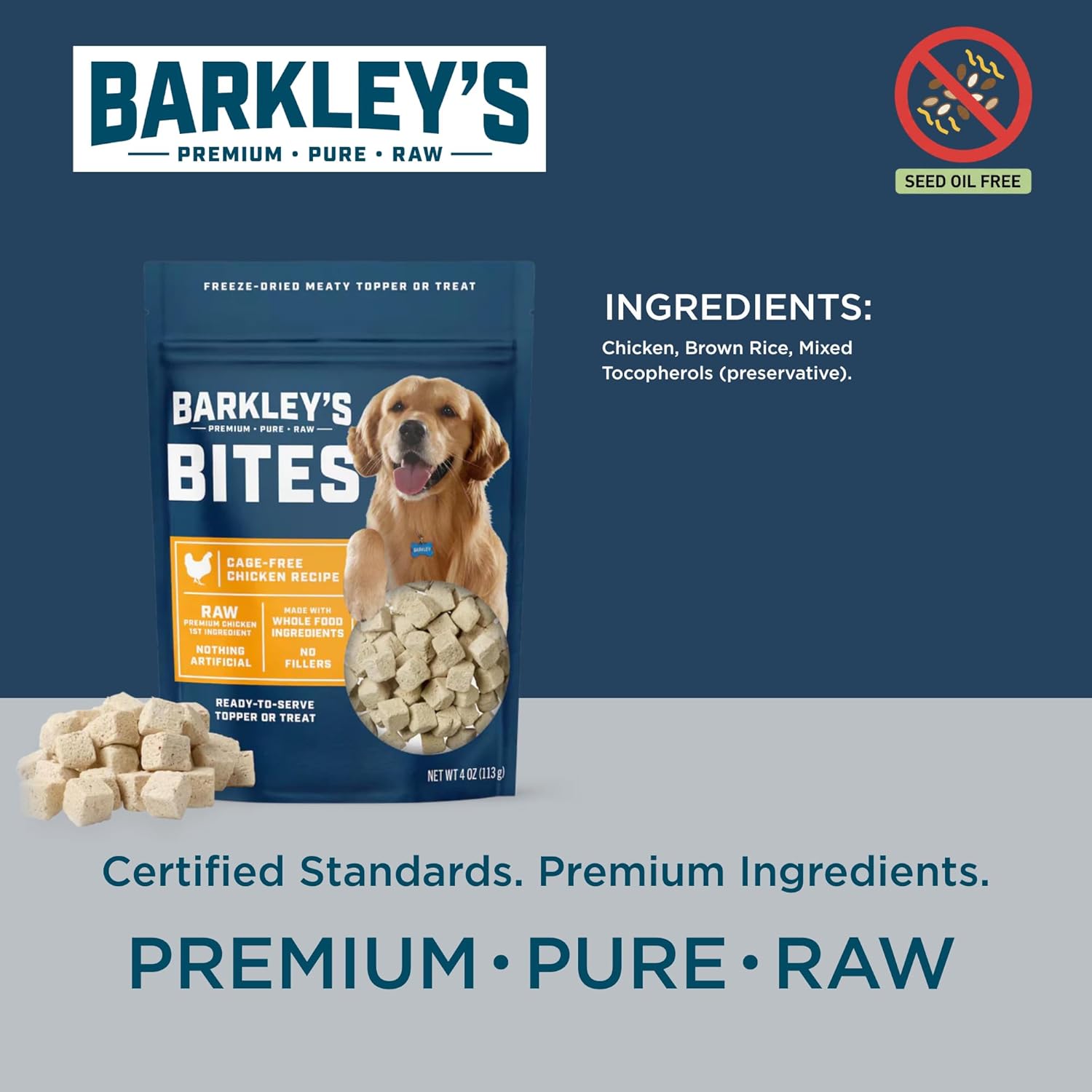 Barkley’s Bag Chicken Bites, Freeze Dried Dog Treats & Food Topper, Made with Chicken and Brown Rice, Small Bite-Sized Pieces for Training Rewards, for All Dog Breeds, Ages & Sizes, 4 Oz Bag (3 Pack)