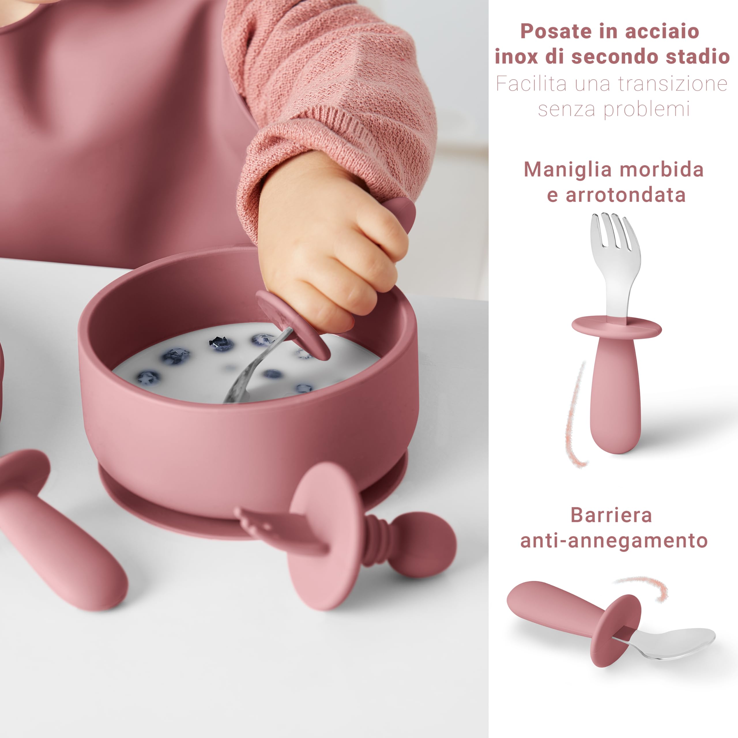 Navik | set pappa svezzamento da 12 pezzi | piatto con ventosa per bambini | bicchiere bambino con cannuccia | ciotola e posate in silicone | Rosa