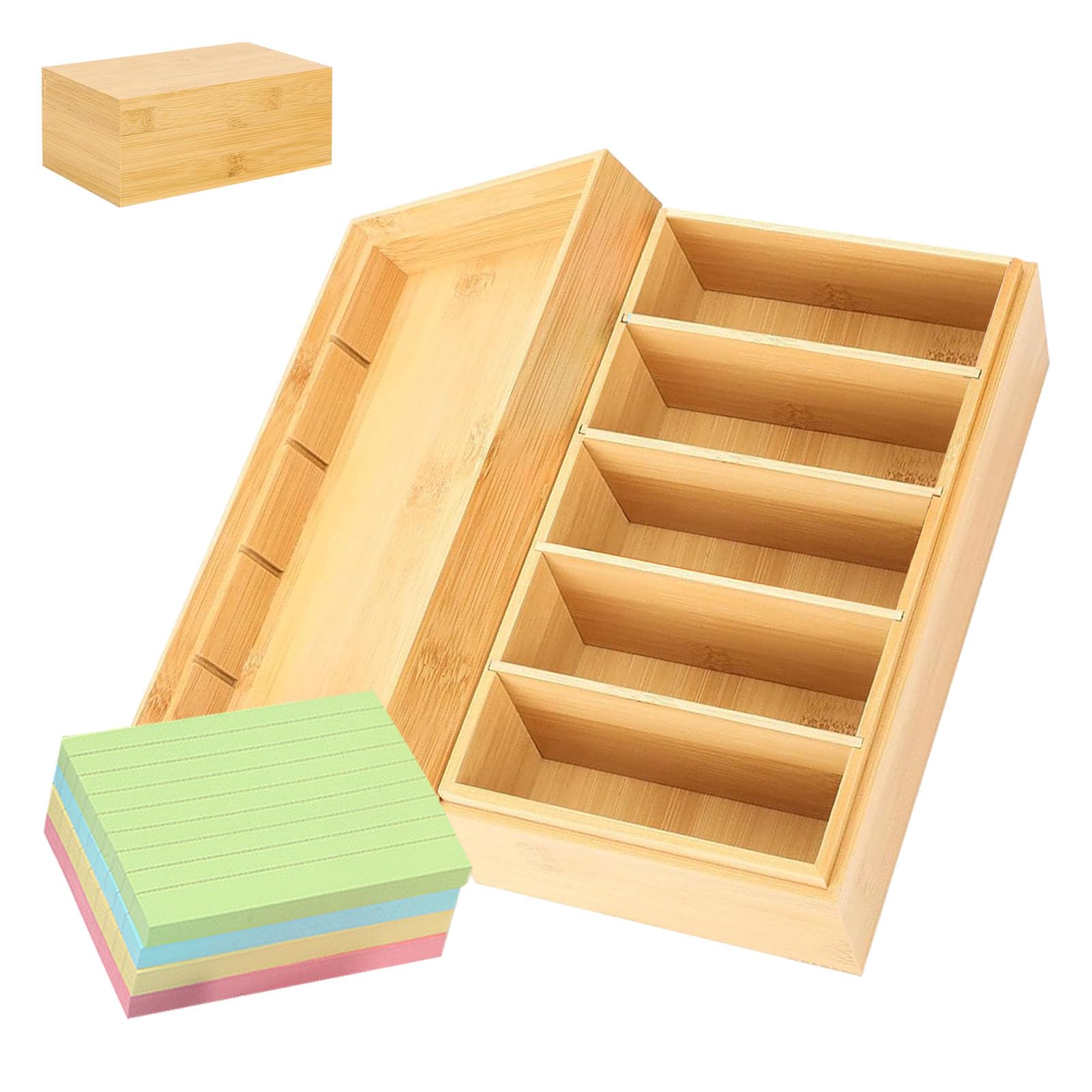 A7 Karteikarten Box Holz, 22x12,6x9cm Holzkarten Vokabelbox mit Deckel, Holzbox Card Storage Box mit 4 Herausnehmbar Trennwänden und 400 Stück Haftnotizen, Lernkarteibox Holz(Inklusive Index Cards)
