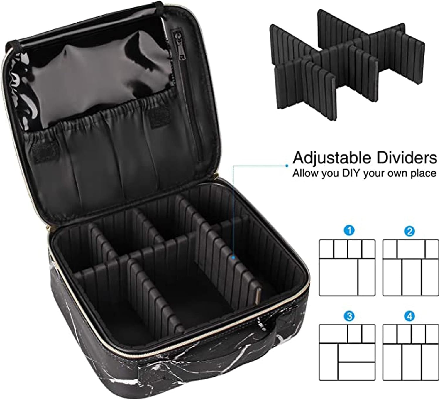 Relavel Marble Makeup Bag Large Makeup Organizer Bag Travel Train Case Portable Cosmetic Artist Storage Bag with Adjustable Dividers for Cosmetics Makeup Brushes (Marble black)