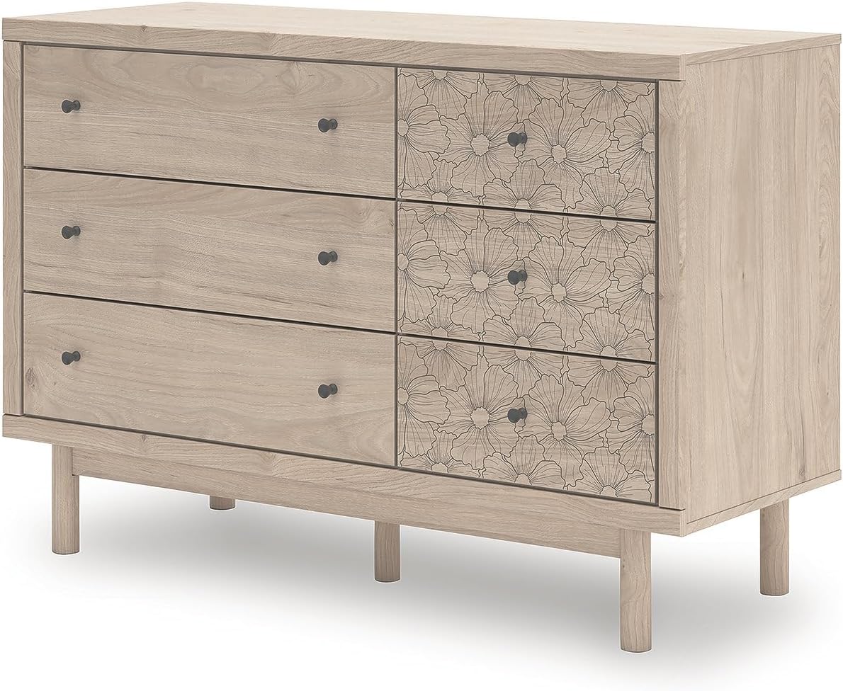 Signature Design by Ashley Birkmore 6 Drawer Dresser, 10-Minute Easy Assembly, Engineered Wood, Whimsical Botanical Accent Drawers for Bedroom, Light Oak Finish