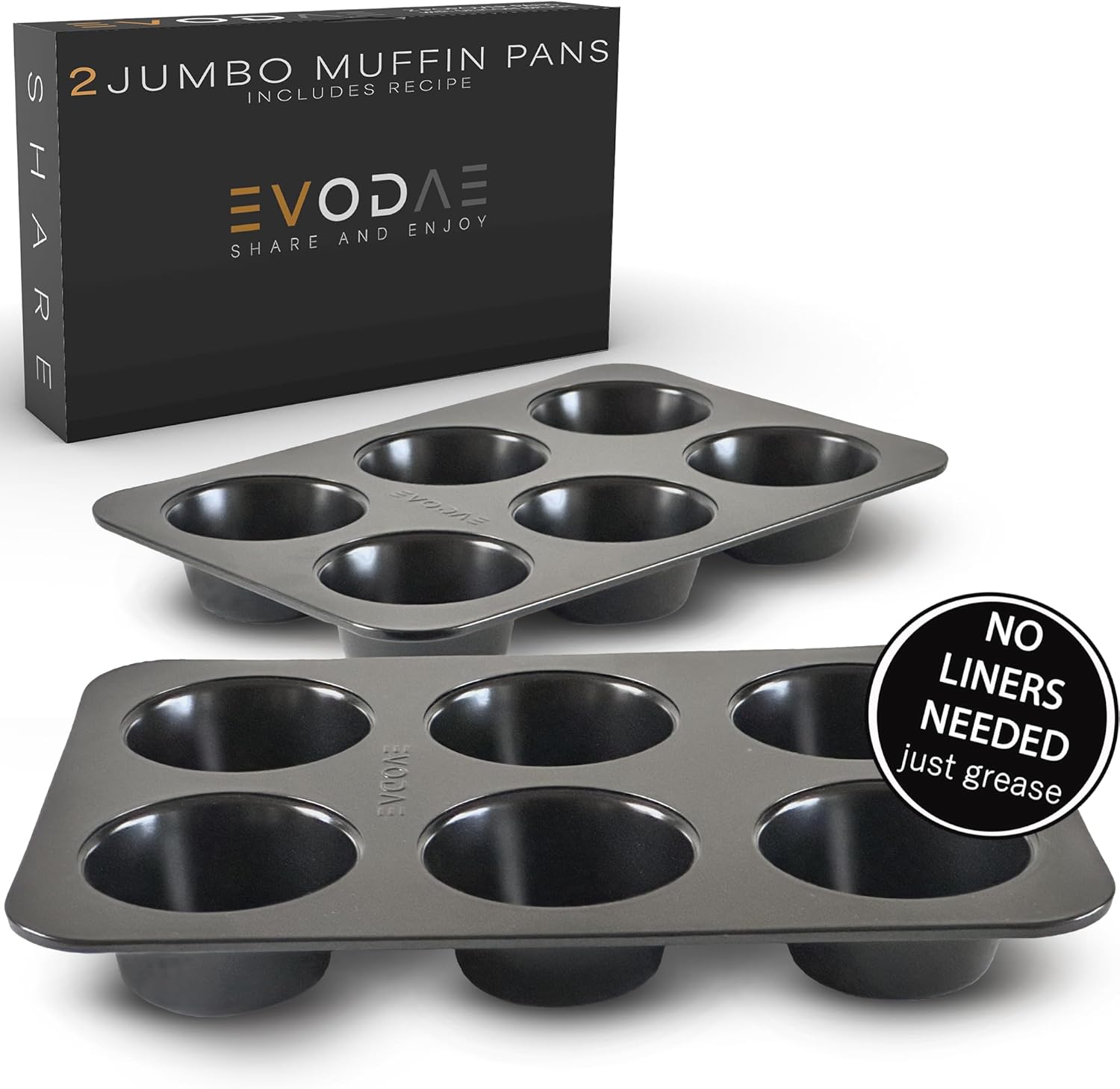 EVODAE Nonstick Jumbo Muffin Pan – 2 Pack Large Muffin Pans, 12-Cup (2×6) Capacity, Large Cupcake Pan & Jumbo Muffin Tin – Pro-Grade Bakeware, Heavy Duty – PFOA & PTFE Free, No Liners Needed