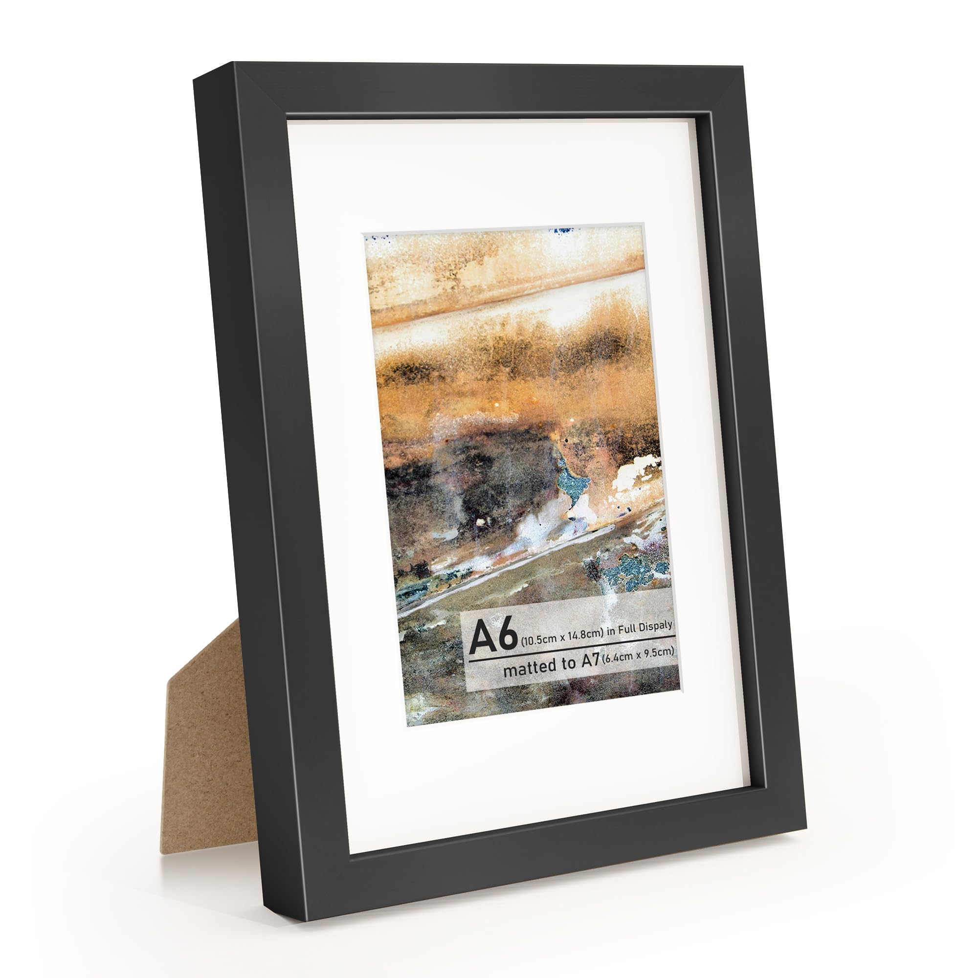 Metal Picture Frame A7(6.4x9.5cm) with Mat or A6(10.5x14.8cm) Without Mat, Upgrade Aluminum Photo Frames, for TableTop Display and Wall Mounting, Wall Hook Hanging Hardware Included, Black