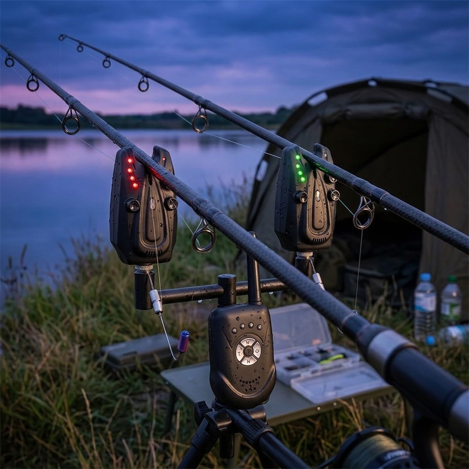 RichVibe Digital Karpfenangeln Bissanzeiger Set mit LED-Blitz und Ton, regenfest, 6 Stufen Empfindlichkeit für Reservoir Meeresangeln, Schwarz (2 Sender)