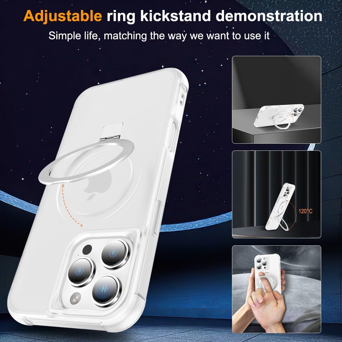 chaofeng magnetic compatible with iphone 16 pro max case with stand [military grade drop tested][compatible with magnet] ring translucent slim hard back soft edge, frost white frost white iphone 16 pro max