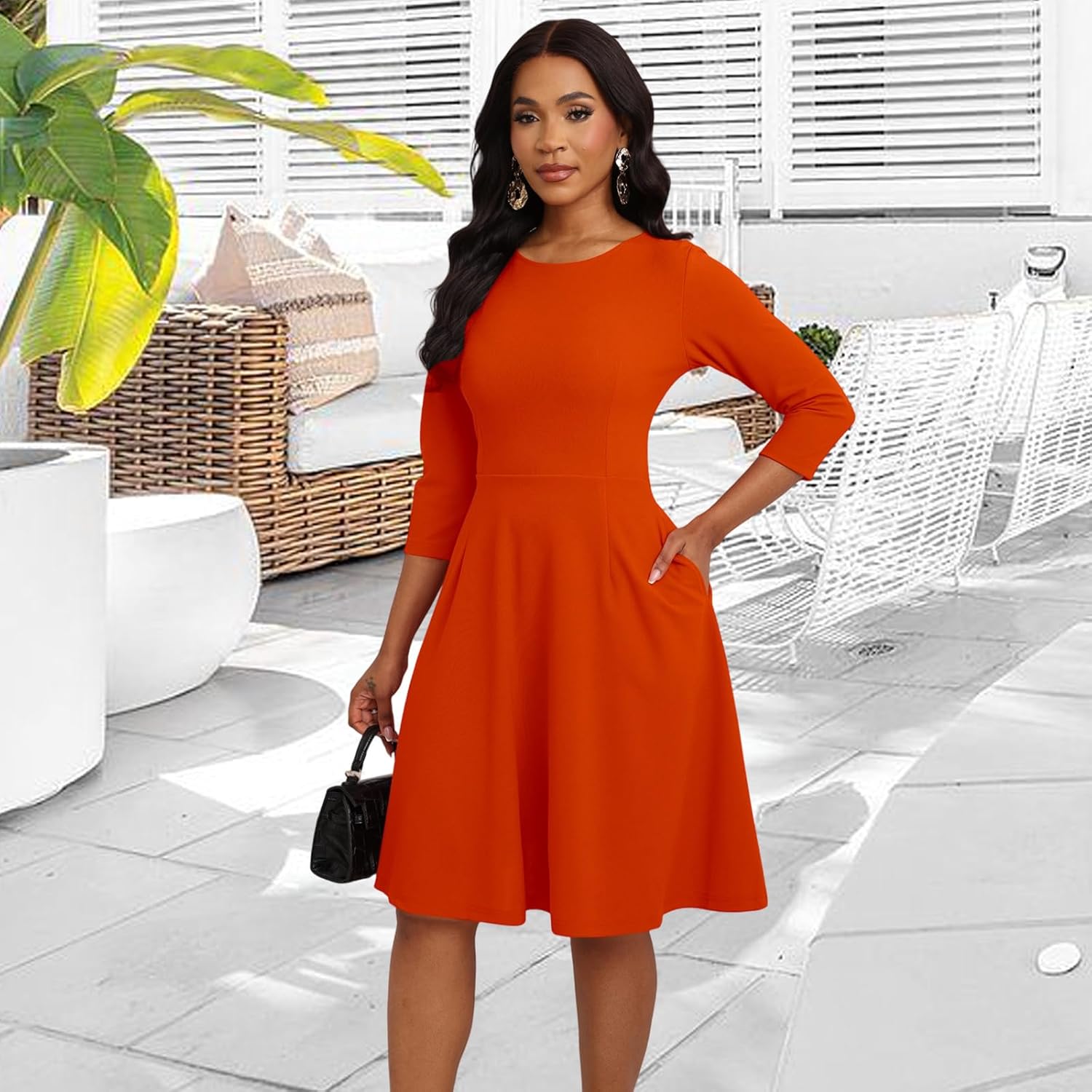 Women's Casual Long Sleeve Midi Dress Elegant A Line Empire Waist Crew Neck Flowy Swing Dress - Image 5