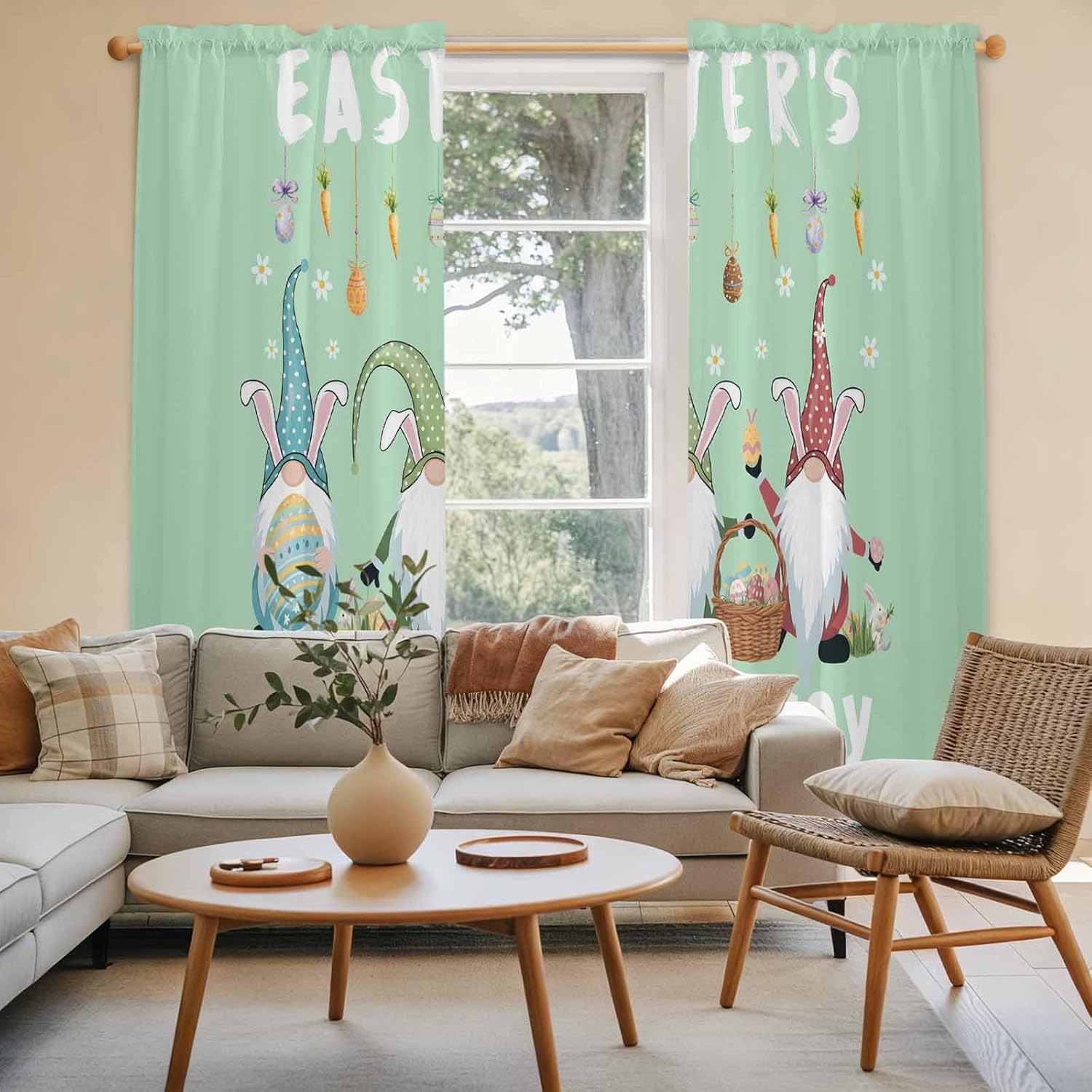 Green Gnomes Easter Kitchen Curtains, Eggs Botanical Carrot Pastoral Light Filtering Window Curtain Panels, 2Pcs Rod Pocket Window Treatments Set for Living Room Bathroom Bedroom 52x72 Inches