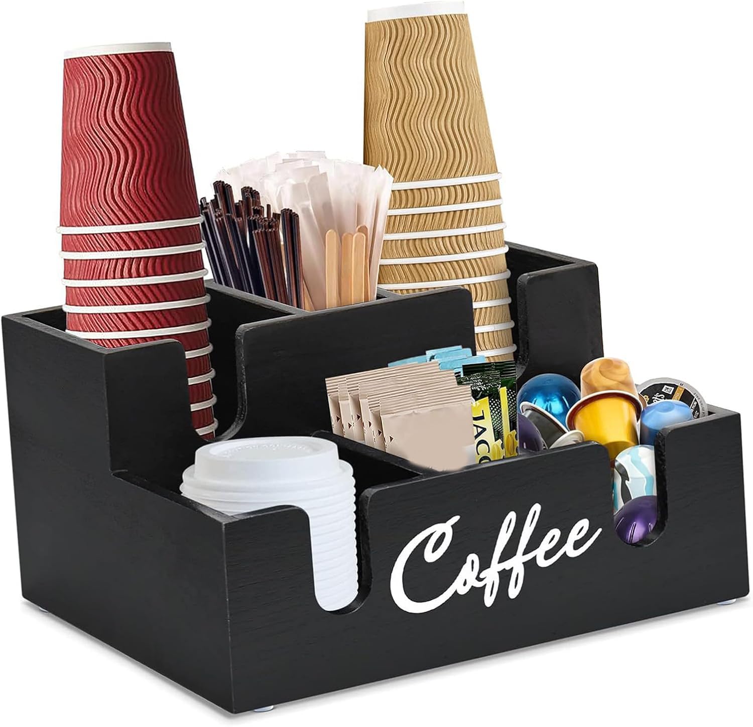 Sturdy Wood Coffee Dispenser with Slanted Compartments for and Go Convenience Kitchen Storage Box