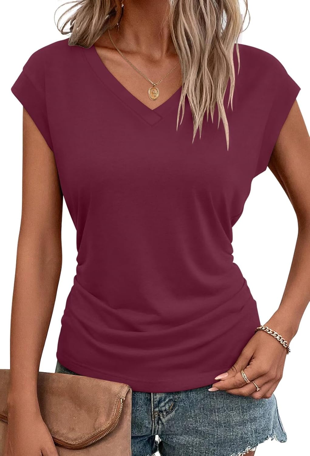 Bliwov Womens Summer Tops Business Casual Cap Sleeve V Neck T Shirts Trendy Outfits Beach Vacation Clothes Fashion Blouses