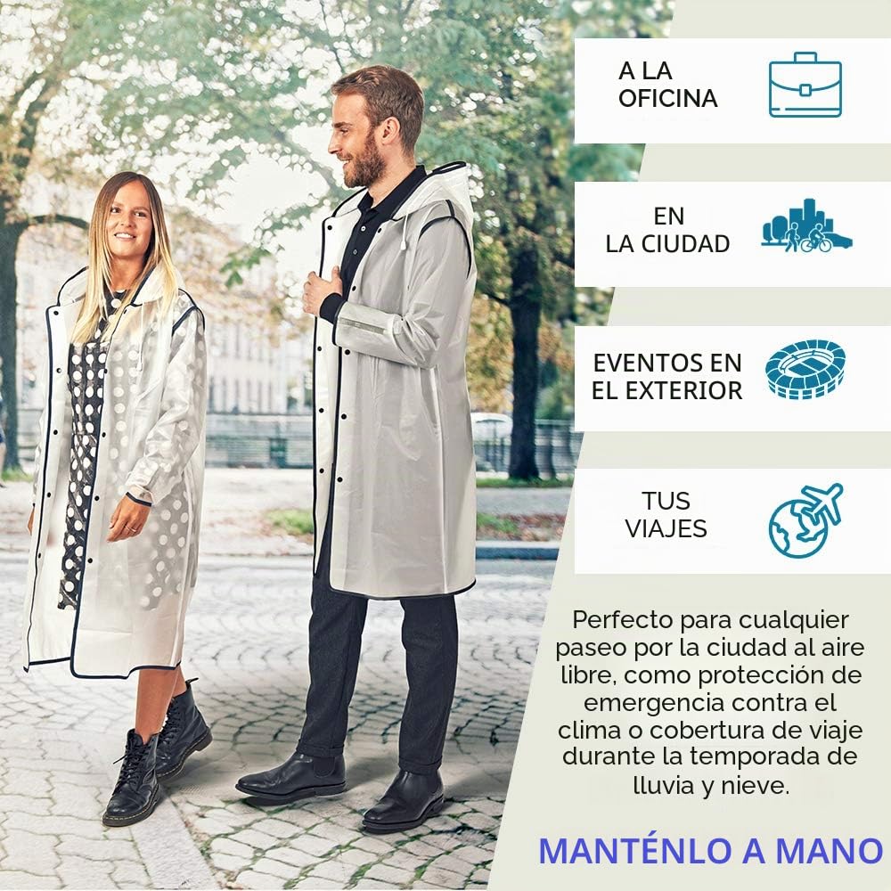 PERLETTI Chubasquero Hombre Mujer Ligero y Reutilizable - Impermeable Hombre Mujer Resistente al Agua - Ropa de Agua Impermeable Detalles Reflectantes Capucha Botones (M, Transparente con Borde Azul)