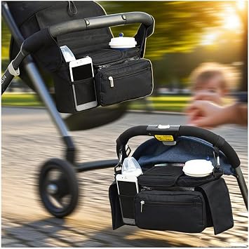 Unversal Stroller Organizer with 2 Insulated Cup Holders, Adjustable Hook + Strap Fit UPPAbaby/Bugaboo, 8-Pocket Diaper Caddy & Wipe Dispenser, Black