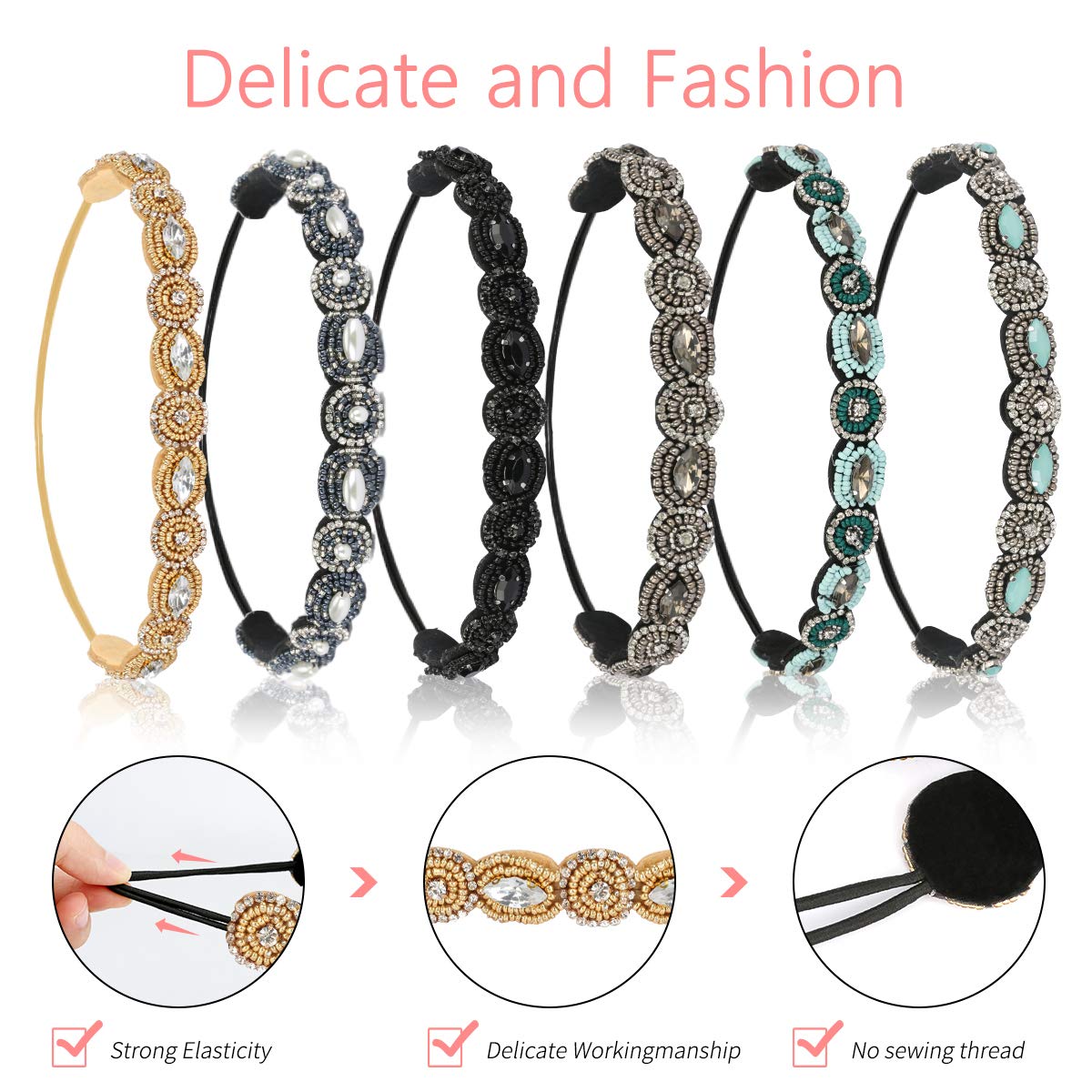 Elastic Rhinestone Beaded Headbands 6pcs Vintage Hair Accessories for Women Amazon.com : Brynnl 6 Pack Elastic Rhinestone Headbands for  main image 4